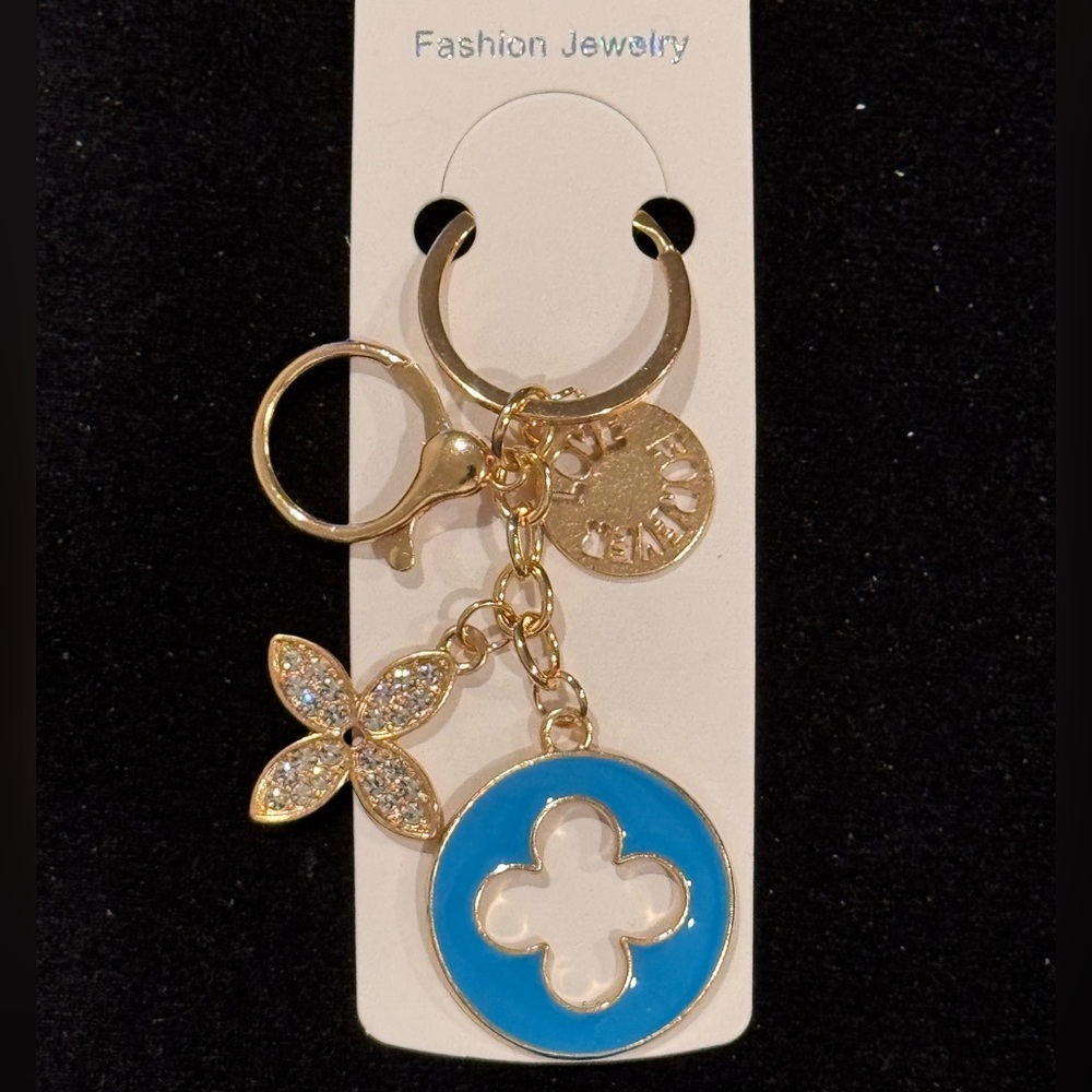 BAG CHARM Gold and Blue Keychain Key Holder with Crystal Clover Charms
